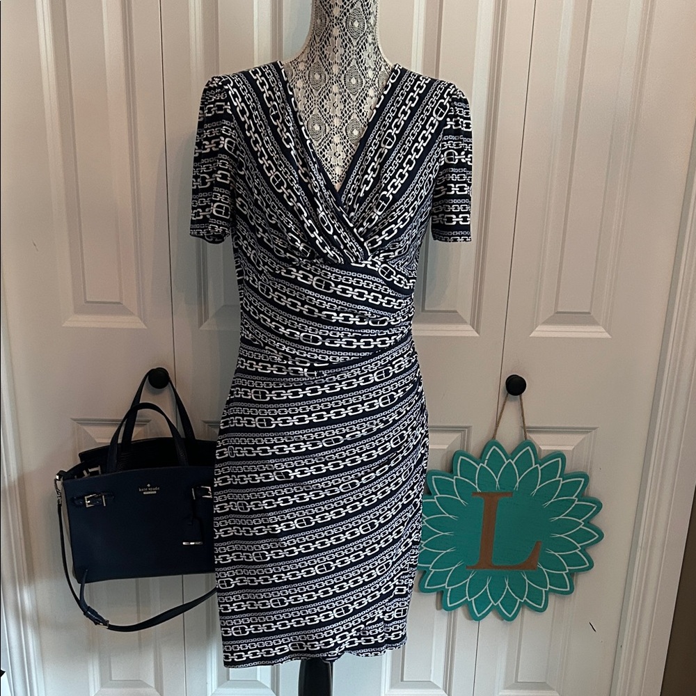 Evan Picone Navy and White Chain Print Midi Dress